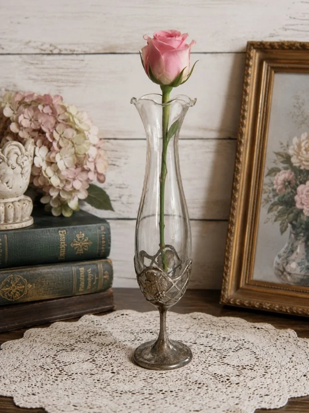 Vintage Made in Japan Silver Tone Grape Vine Glass Bud Vase 7.25 Inch